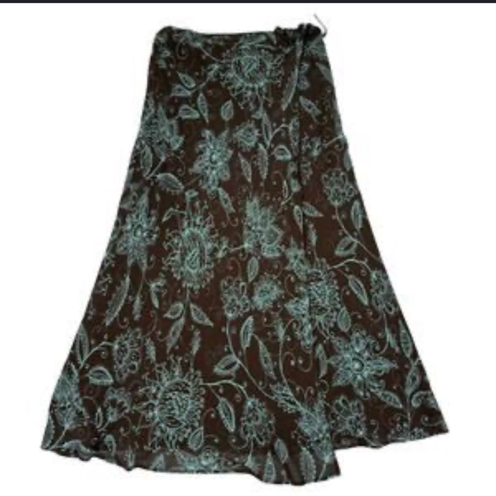 Ann Taylor 100% SILK Maxi Skirt Wrap Button Teal Green Brown Floral Fully Lined